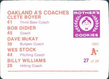 1985 Mother's Cookies Oakland Athletics #27 A's Coaches - Clete Boyer / Bob Didier / Dave McKay / Wes Stock / Billy Williams Back