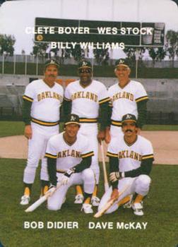 1985 Mother's Cookies Oakland Athletics #27 A's Coaches - Clete Boyer / Bob Didier / Dave McKay / Wes Stock / Billy Williams Front