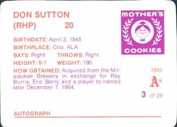 1985 Mother's Cookies Oakland Athletics #3 Don Sutton Back