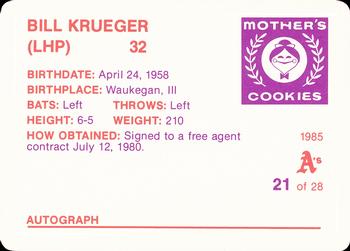 1985 Mother's Cookies Oakland Athletics #21 Bill Krueger Back