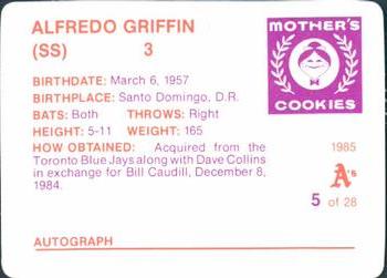 1985 Mother's Cookies Oakland Athletics #5 Alfredo Griffin Back