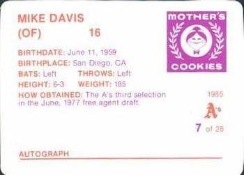 1985 Mother's Cookies Oakland Athletics #7 Mike Davis Back