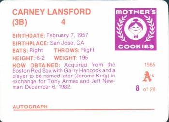 1985 Mother's Cookies Oakland Athletics #8 Carney Lansford Back