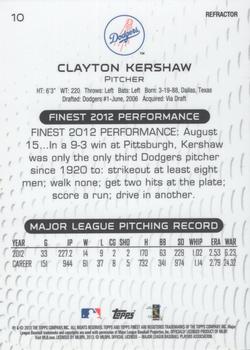 2013 Finest - Green Refractors #10 Clayton Kershaw Back