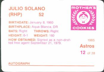 1985 Mother's Cookies Houston Astros #12 Julio Solano Back