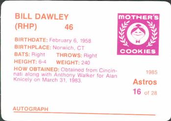 1985 Mother's Cookies Houston Astros #16 Bill Dawley Back