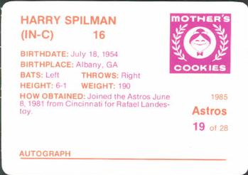 1985 Mother's Cookies Houston Astros #19 Harry Spilman Back