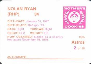 1985 Mother's Cookies Houston Astros #2 Nolan Ryan Back