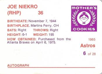 1985 Mother's Cookies Houston Astros #6 Joe Niekro Back