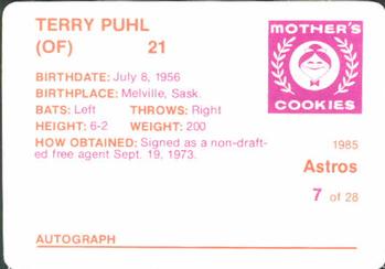 1985 Mother's Cookies Houston Astros #7 Terry Puhl Back