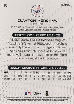 2013 Finest - Refractors #10 Clayton Kershaw Back