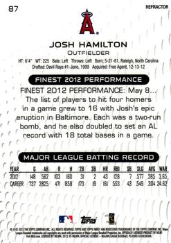 2013 Finest - Refractors #87 Josh Hamilton Back