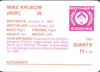 1985 Mother's Cookies San Francisco Giants #11 Mike Krukow Back