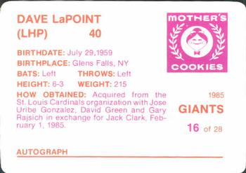 1985 Mother's Cookies San Francisco Giants #16 Dave LaPoint Back