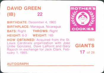 1985 Mother's Cookies San Francisco Giants #17 David Green Back