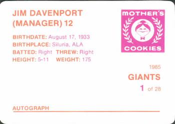 1985 Mother's Cookies San Francisco Giants #1 Jim Davenport Back