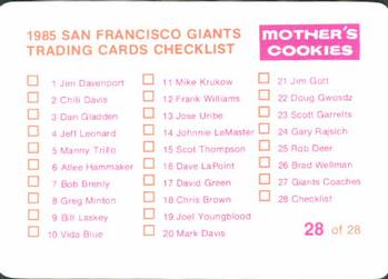 1985 Mother's Cookies San Francisco Giants #28 Candlestick Park Back