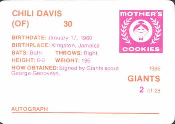 1985 Mother's Cookies San Francisco Giants #2 Chili Davis Back