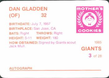 1985 Mother's Cookies San Francisco Giants #3 Dan Gladden Back