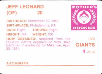 1985 Mother's Cookies San Francisco Giants #4 Jeff Leonard Back