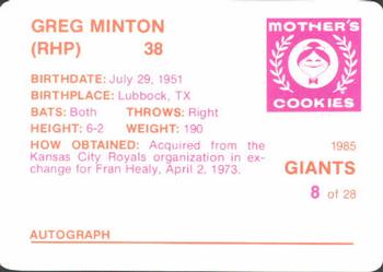 1985 Mother's Cookies San Francisco Giants #8 Greg Minton Back