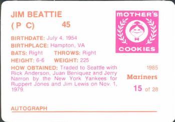 1985 Mother's Cookies Seattle Mariners #15 Jim Beattie Back