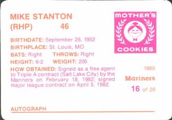 1985 Mother's Cookies Seattle Mariners #16 Mike Stanton Back