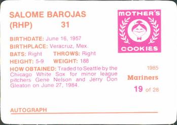 1985 Mother's Cookies Seattle Mariners #19 Salome Barojas Back