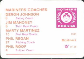 1985 Mother's Cookies Seattle Mariners #27 Mariners Coaches - Marty Martinez / Jim Mahoney / Phil Roof / Phil Regan / Deron Johnson Back