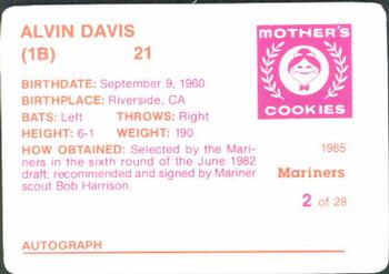 1985 Mother's Cookies Seattle Mariners #2 Alvin Davis Back