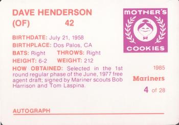 1985 Mother's Cookies Seattle Mariners #4 Dave Henderson Back