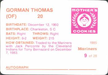 1985 Mother's Cookies Seattle Mariners #9 Gorman Thomas Back