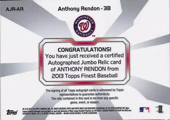 2013 Finest - Rookie Jumbo Relic Autographs Red Refractors #AJR-AR Anthony Rendon Back