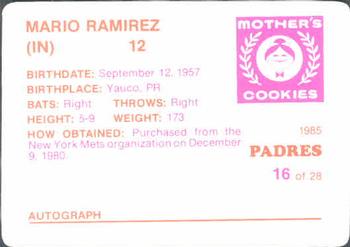 1985 Mother's Cookies San Diego Padres #16 Mario Ramirez Back