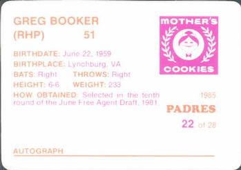 1985 Mother's Cookies San Diego Padres #22 Greg Booker Back