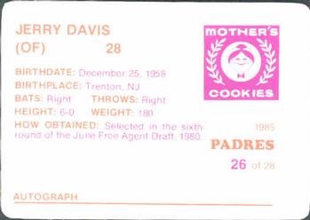 1985 Mother's Cookies San Diego Padres #26 Jerry Davis Back