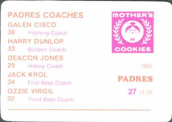 1985 Mother's Cookies San Diego Padres #27 Padres Coaches - Jack Krol / Harry Dunlop / Deacon Jones / Galen Cisco / Ozzie Virgil Sr. Back