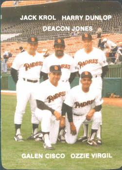 1985 Mother's Cookies San Diego Padres #27 Padres Coaches - Jack Krol / Harry Dunlop / Deacon Jones / Galen Cisco / Ozzie Virgil Sr. Front