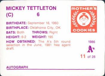 1986 Mother's Cookies Oakland Athletics #11 Mickey Tettleton Back