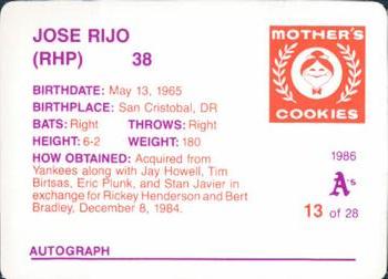 1986 Mother's Cookies Oakland Athletics #13 Jose Rijo Back