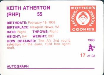 1986 Mother's Cookies Oakland Athletics #17 Keith Atherton Back