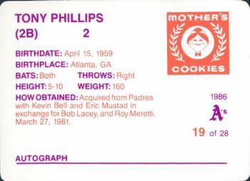 1986 Mother's Cookies Oakland Athletics #19 Tony Phillips Back