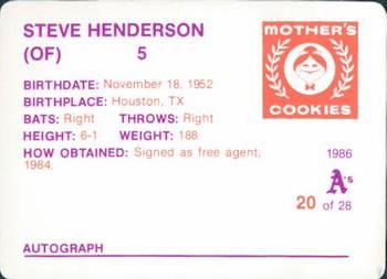 1986 Mother's Cookies Oakland Athletics #20 Steve Henderson Back