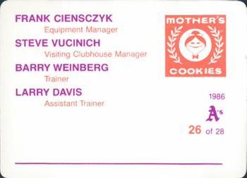 1986 Mother's Cookies Oakland Athletics #26 Frank Ciensczyk / Steve Vucinich / Barry Weinberg / Larry Davis Back