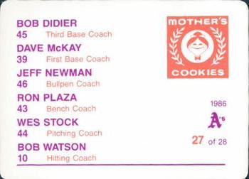 1986 Mother's Cookies Oakland Athletics #27 Bob Didier / Dave McKay / Jeff Newman / Ron Plaza / Wes Stock / Bob Watson Back