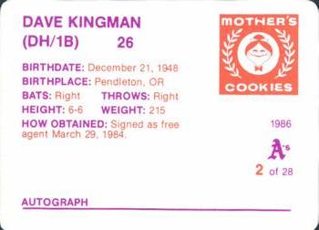1986 Mother's Cookies Oakland Athletics #2 Dave Kingman Back