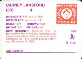 1986 Mother's Cookies Oakland Athletics #8 Carney Lansford Back