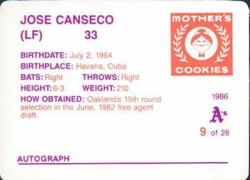 1986 Mother's Cookies Oakland Athletics #9 Jose Canseco Back