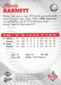 1999 Multi-Ad Reading Phillies #2 Marty Barnett Back