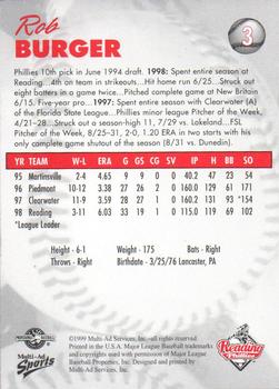 1999 Multi-Ad Reading Phillies #3 Rob Burger Back